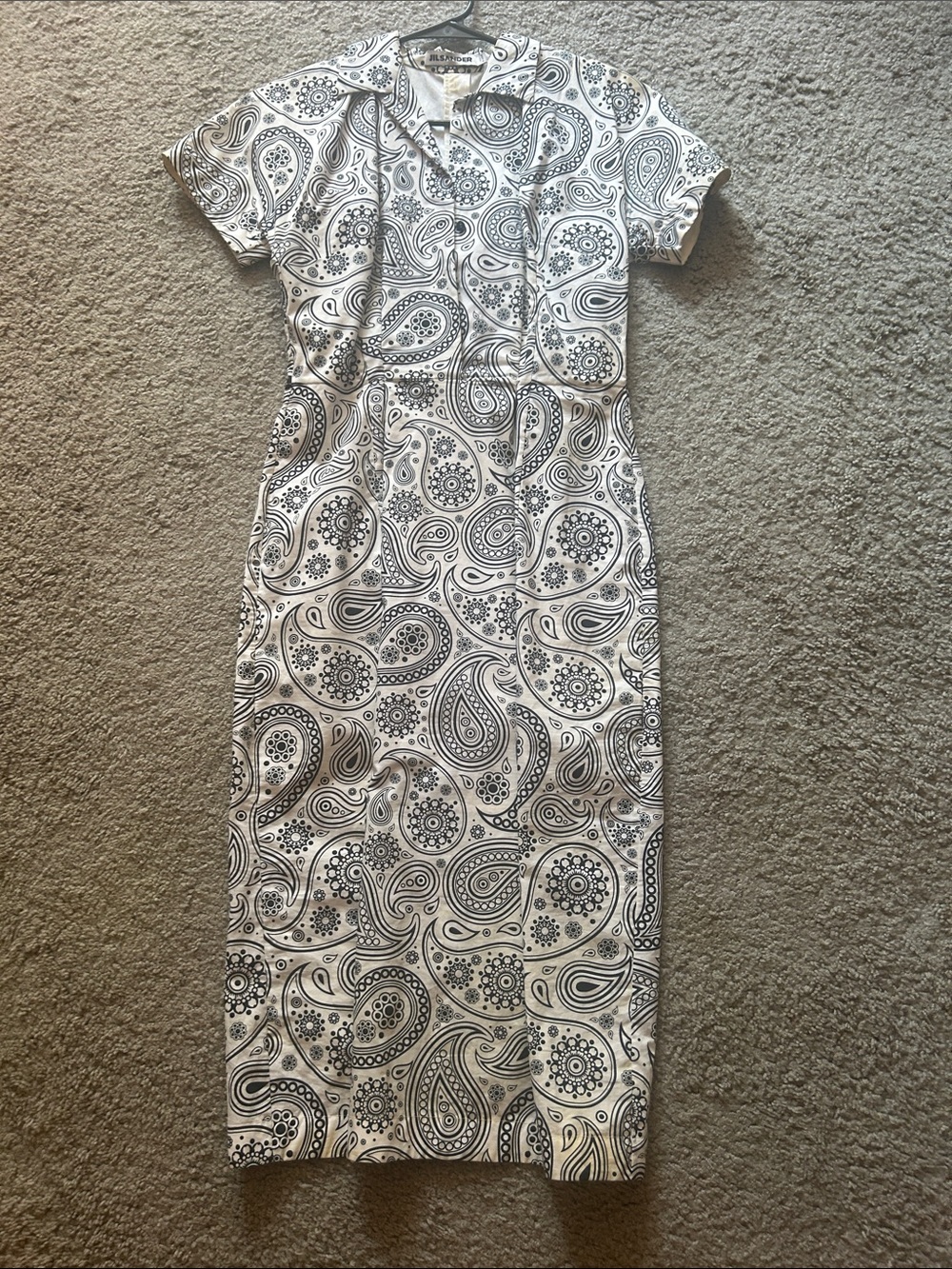 Jil Sander White and Black Paisley Short-Sleeve Midi Dress